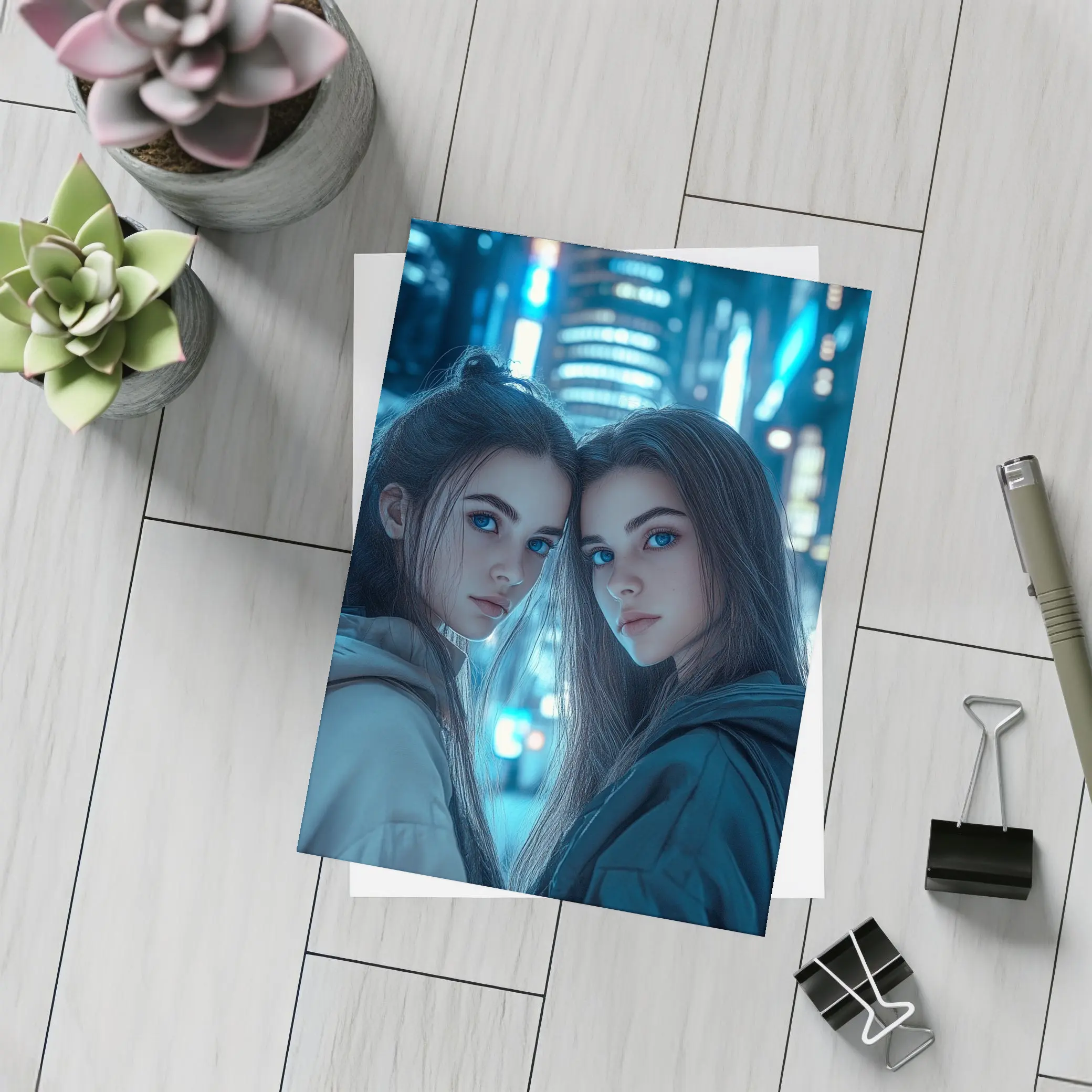 Two Girls Blue Neon City Night – Postcards