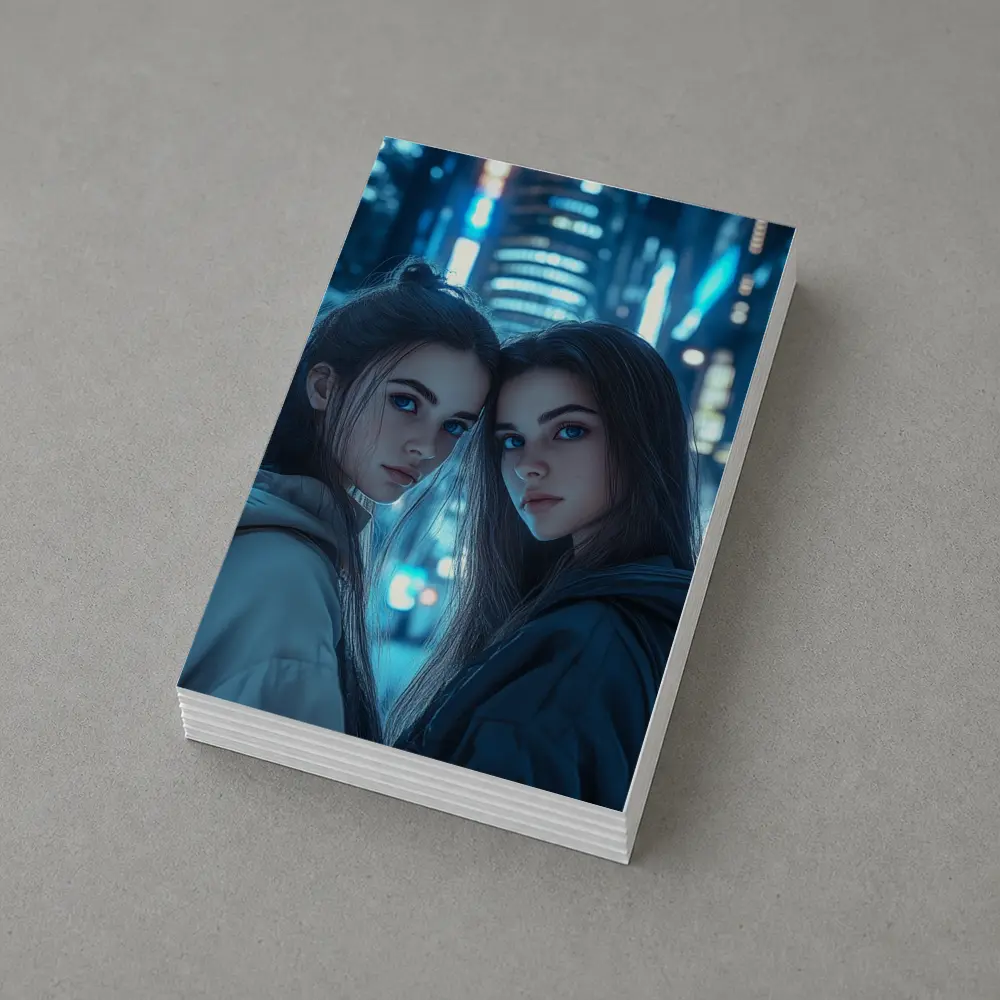 Two Girls Blue Neon City Night – Postcards
