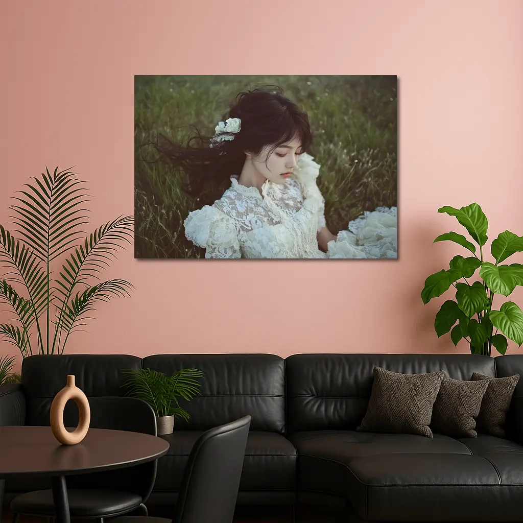 Young Woman Lace Dress Green Meadow – Wall Art