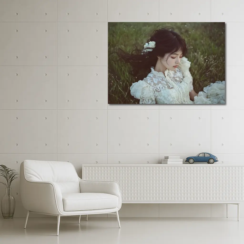 Young Woman Lace Dress Green Meadow – Wall Art