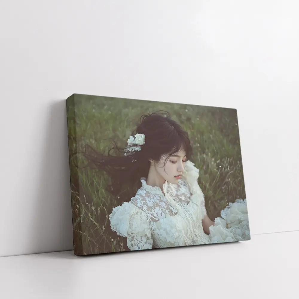Young Woman Lace Dress Green Meadow – Wall Art