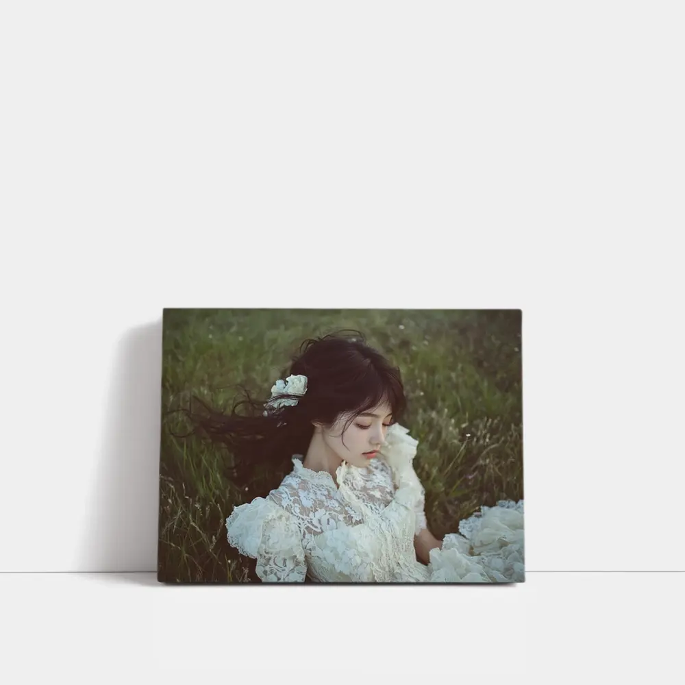 Young Woman Lace Dress Green Meadow – Wall Art