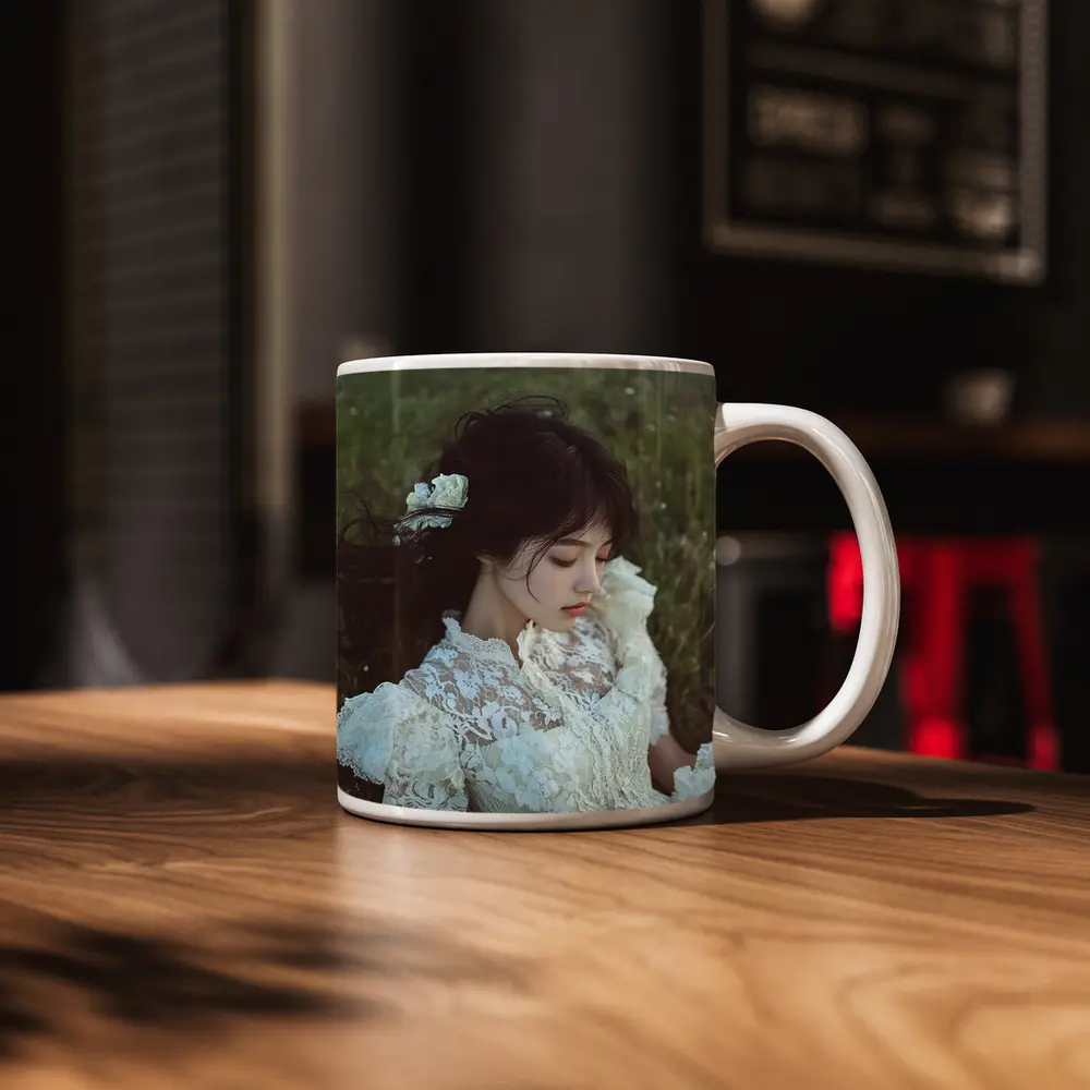 Young Woman Lace Dress Green Meadow – Mugs