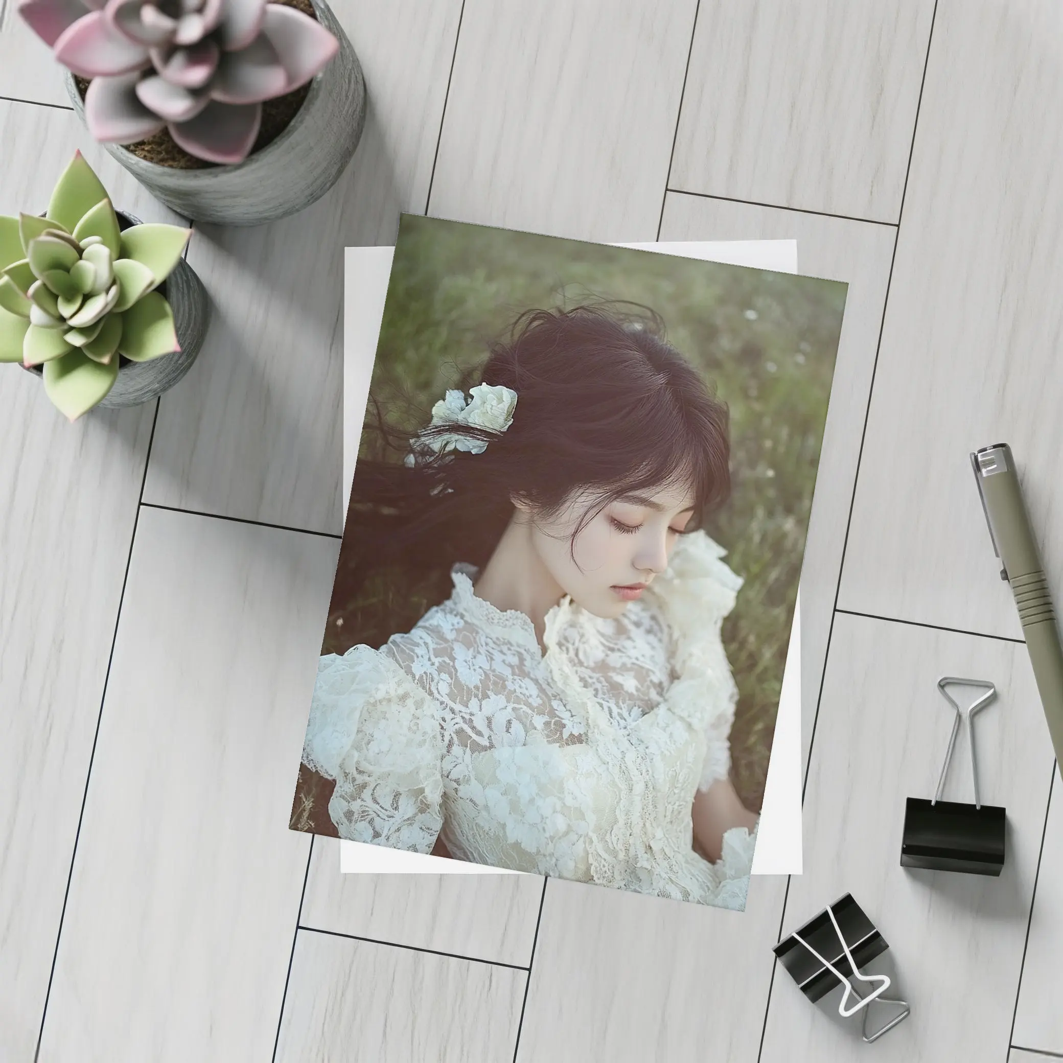 Young Woman Lace Dress Green Meadow – Postcards