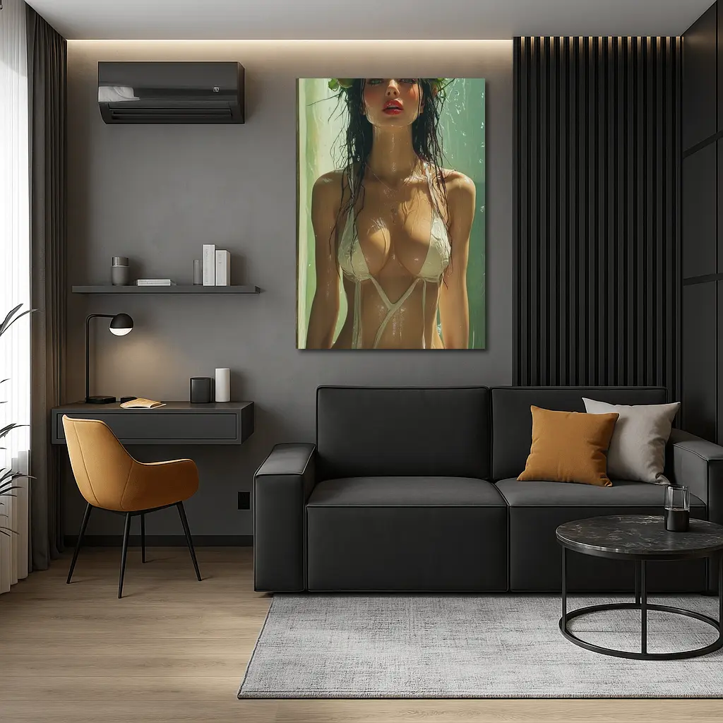 Woman Flower Crown Wet White Bikini Art – Wall Art