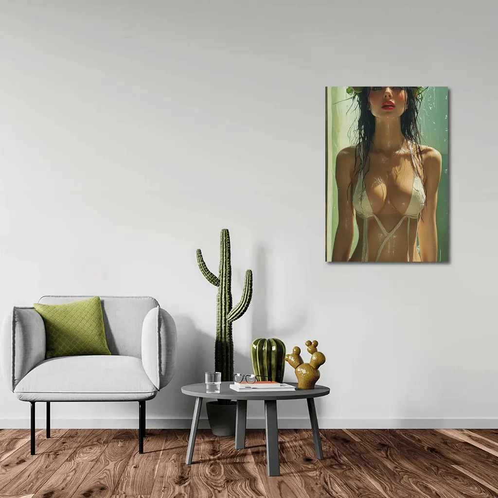 Woman Flower Crown Wet White Bikini Art – Wall Art