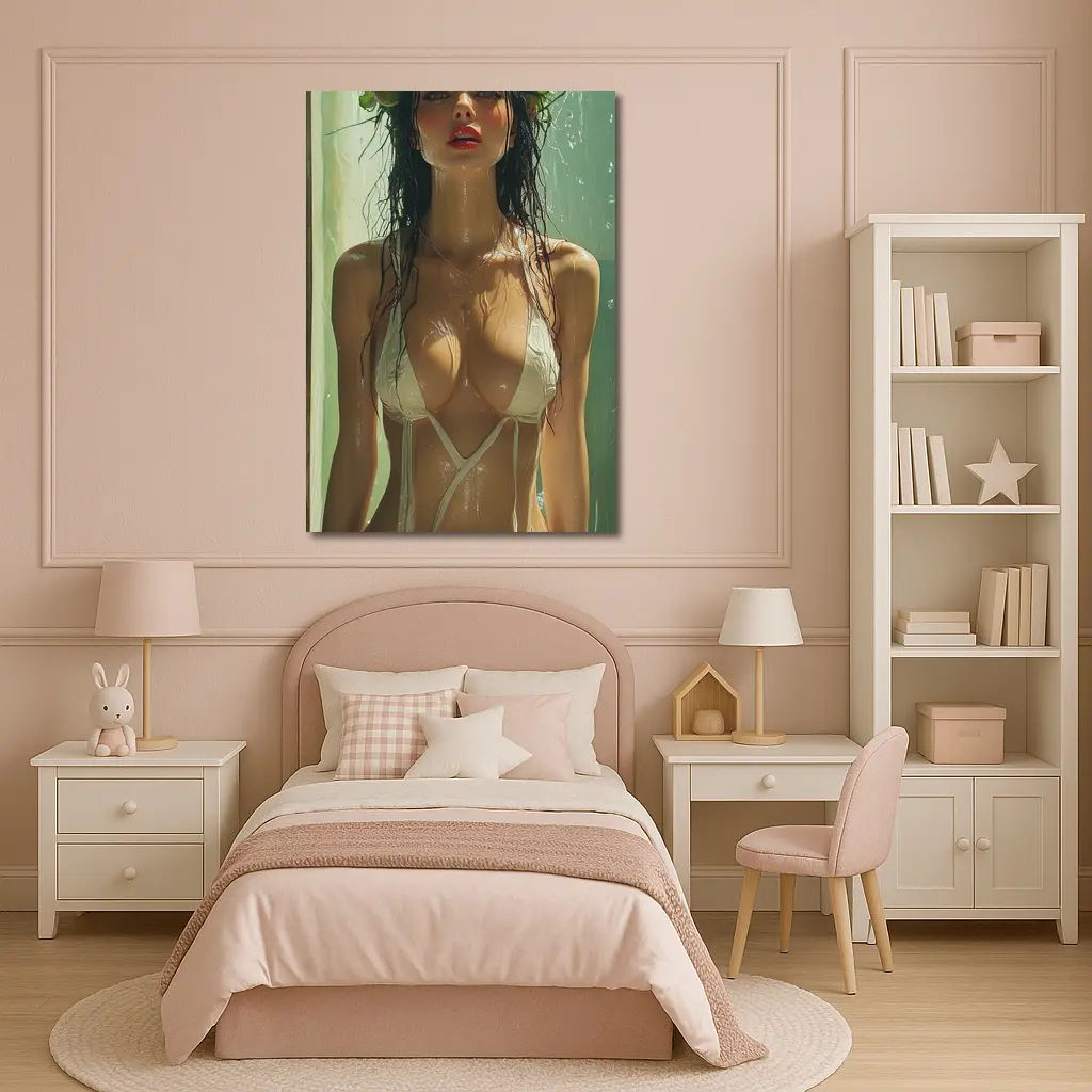 Woman Flower Crown Wet White Bikini Art – Wall Art