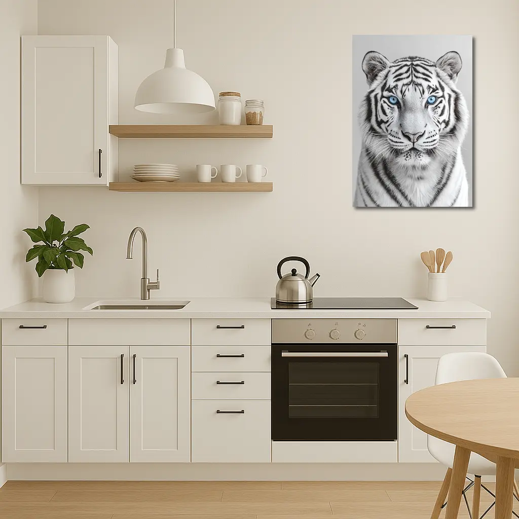 White Tiger Blue Eyes Gray Background – Wall Art
