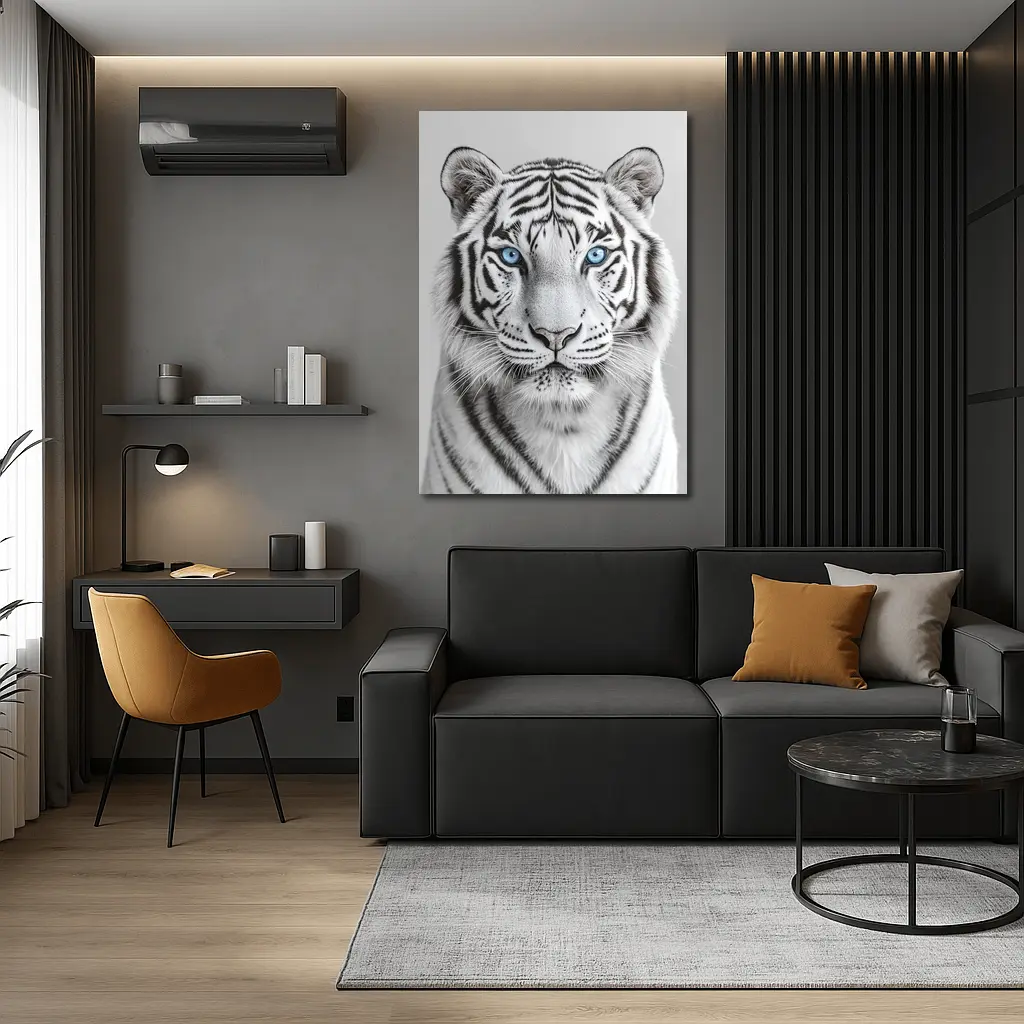 White Tiger Blue Eyes Gray Background – Wall Art
