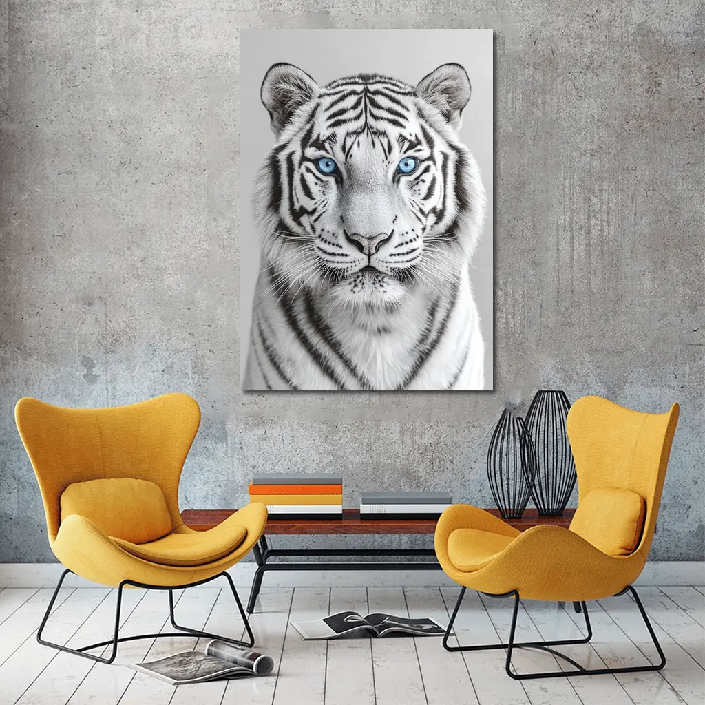White Tiger Blue Eyes Gray Background – Wall Art