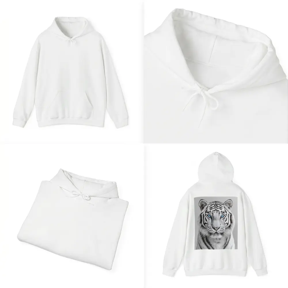 White Tiger Blue Eyes Gray Background – Hoodies