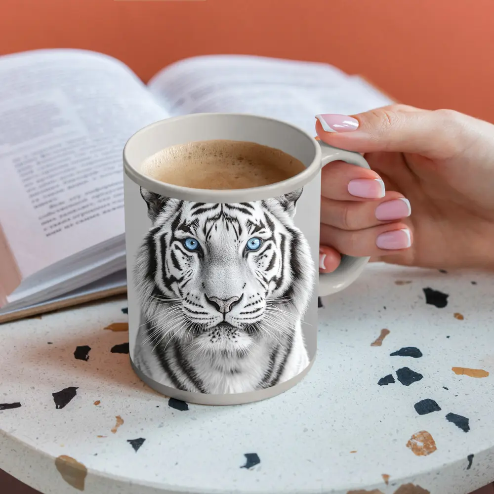 White Tiger Blue Eyes Gray Background – Mugs