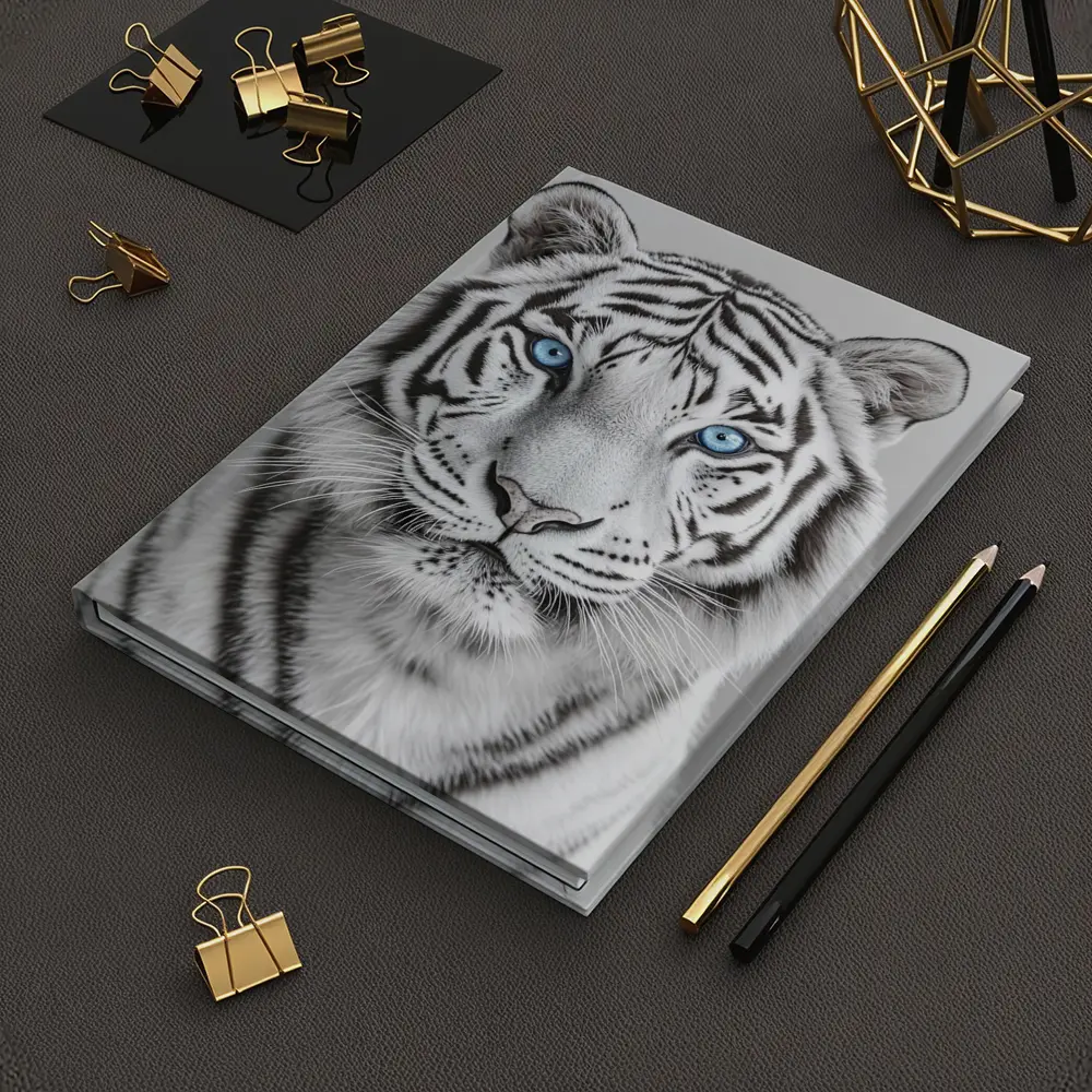 White Tiger Blue Eyes Gray Background – Notebooks