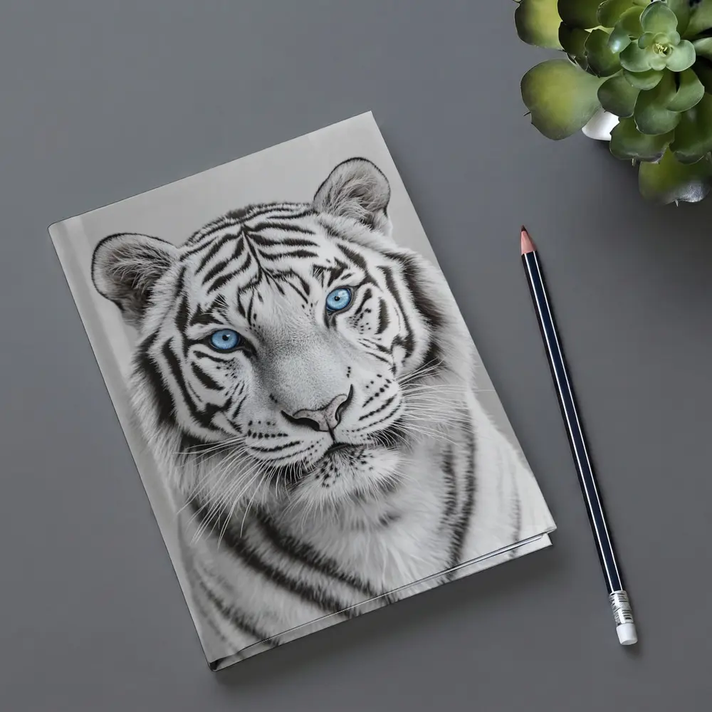 White Tiger Blue Eyes Gray Background – Notebooks