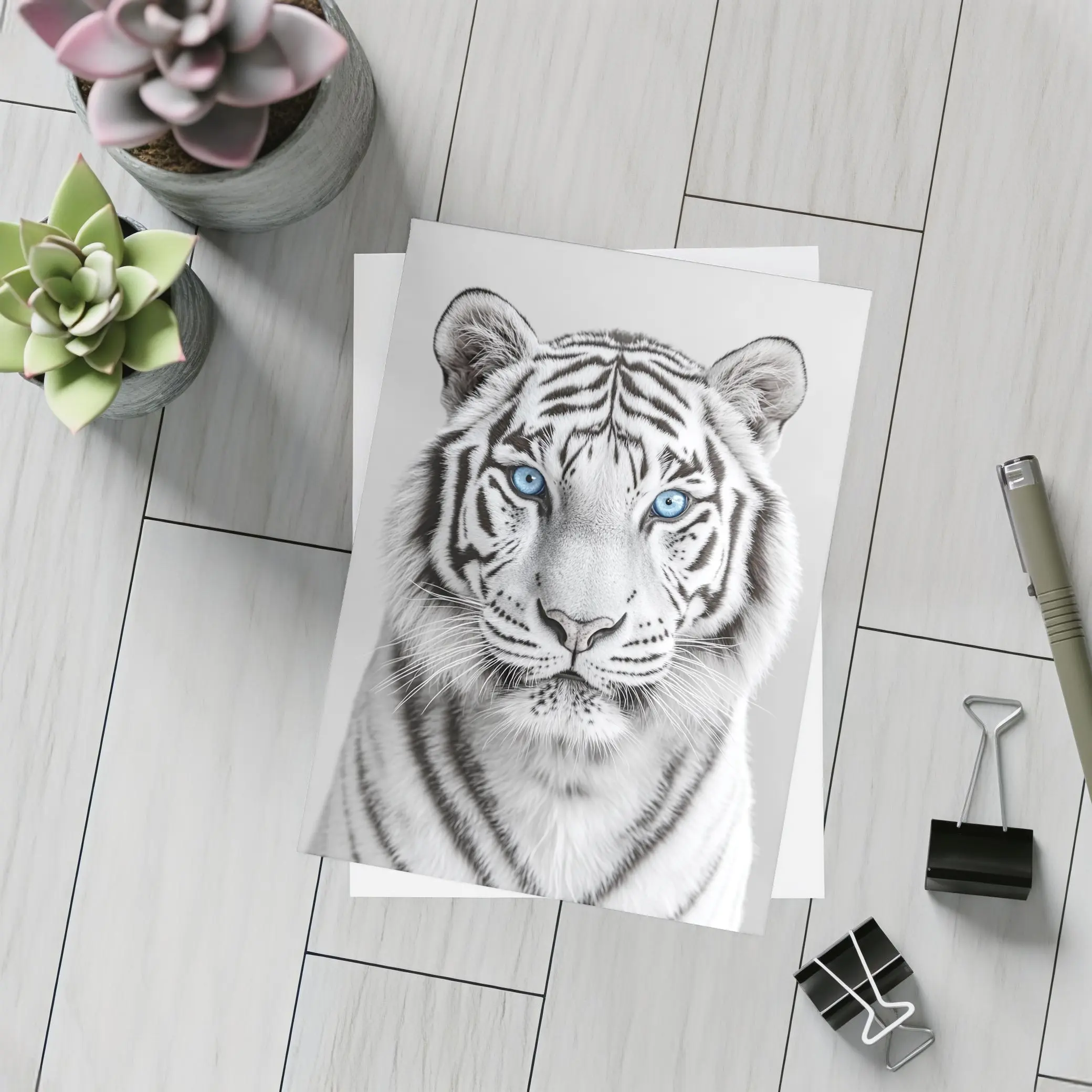 White Tiger Blue Eyes Gray Background – Postcards