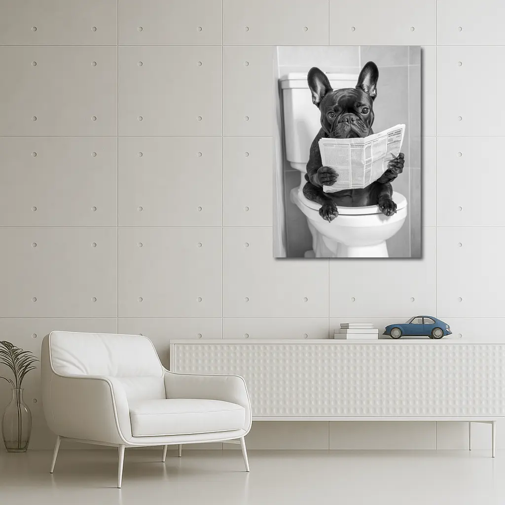 French Bulldog Reading Newspaper On Toilet – Wall Art