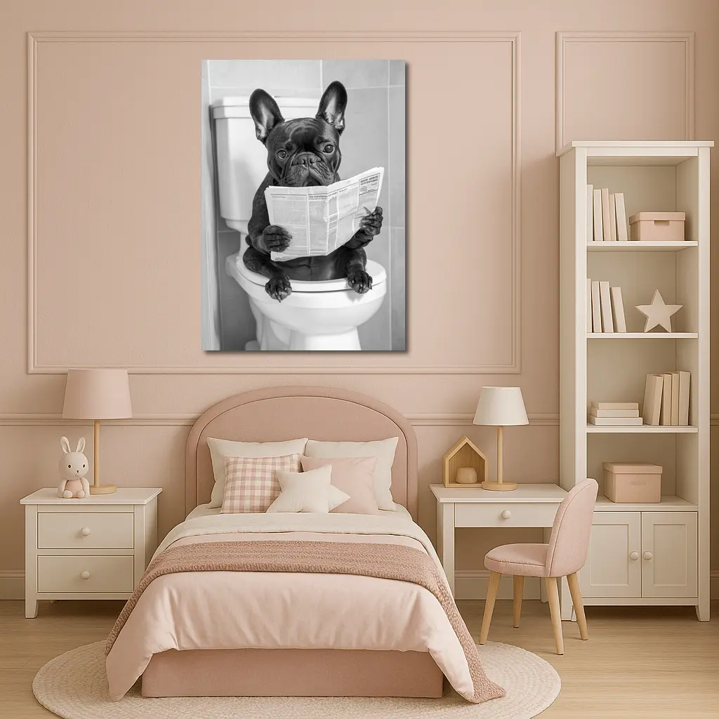 French Bulldog Reading Newspaper On Toilet – Wall Art