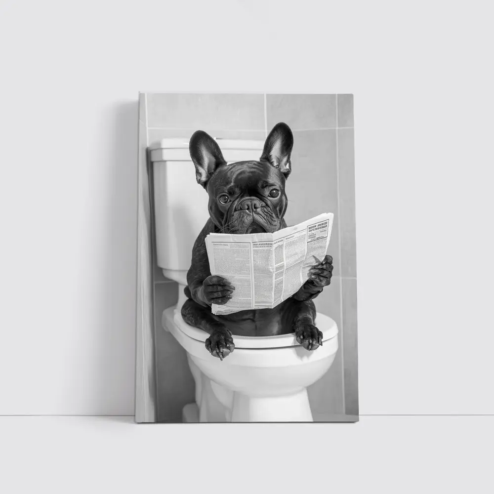 French Bulldog Reading Newspaper On Toilet – Wall Art