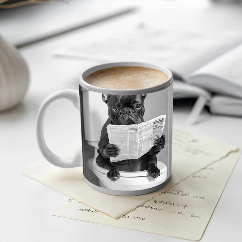 French Bulldog Reading Newspaper On Toilet – Mugs