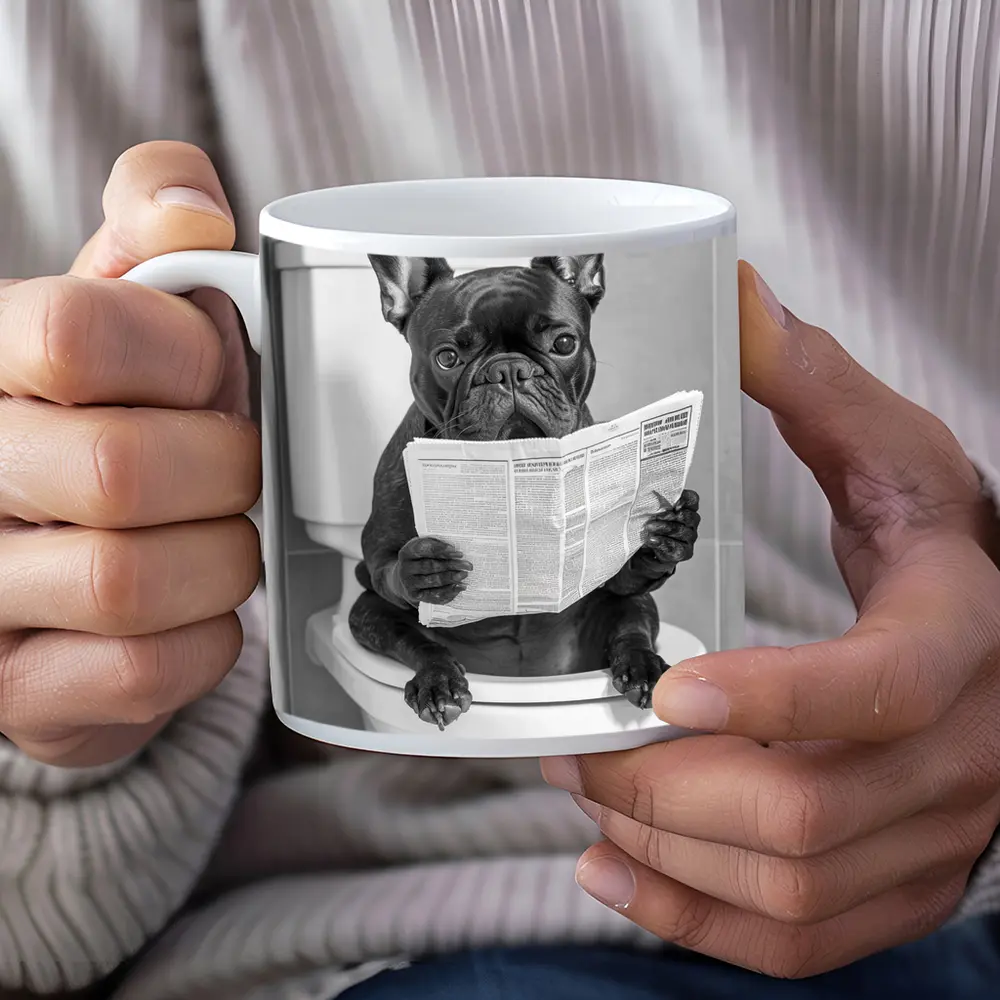French Bulldog Reading Newspaper On Toilet – Mugs