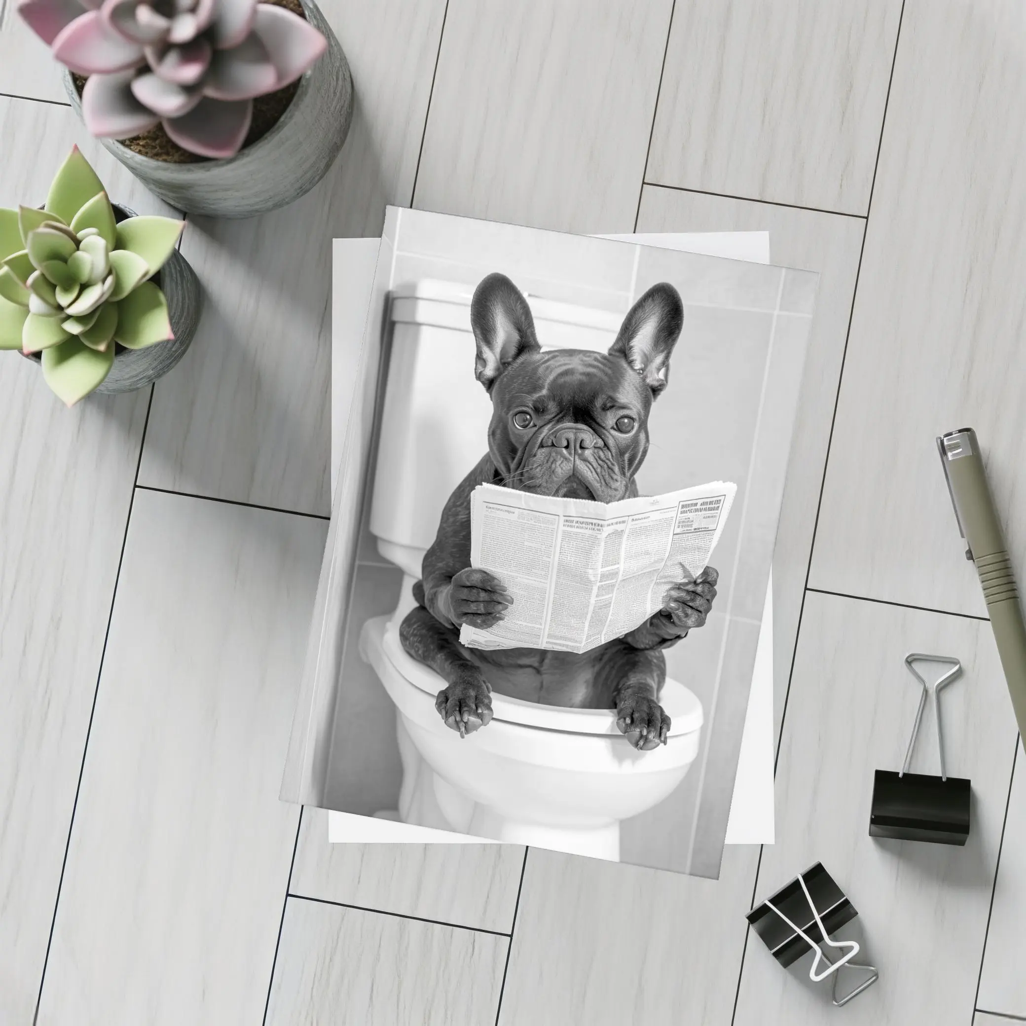 French Bulldog Reading Newspaper On Toilet – Postcards