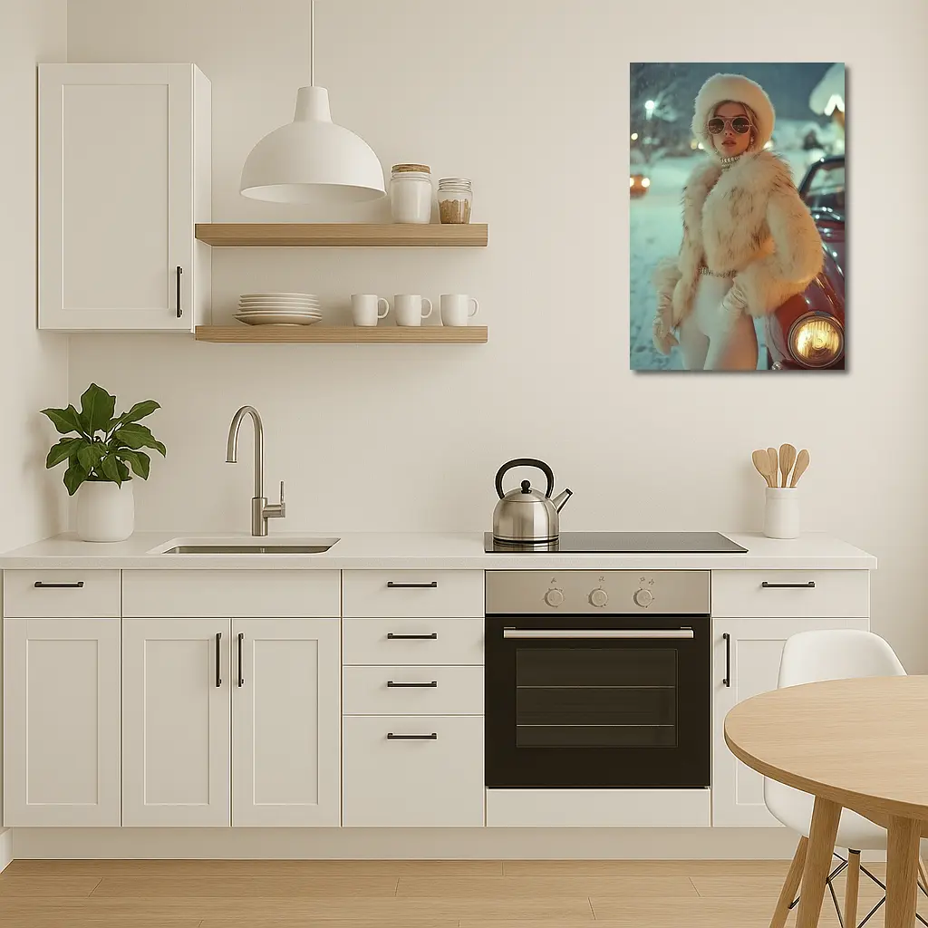 Glamorous Woman Fur Coat Snowy Winter Night – Wall Art