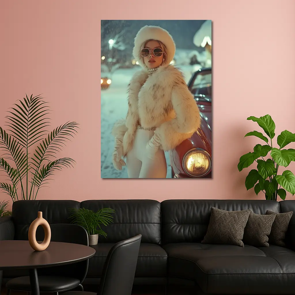 Glamorous Woman Fur Coat Snowy Winter Night – Wall Art