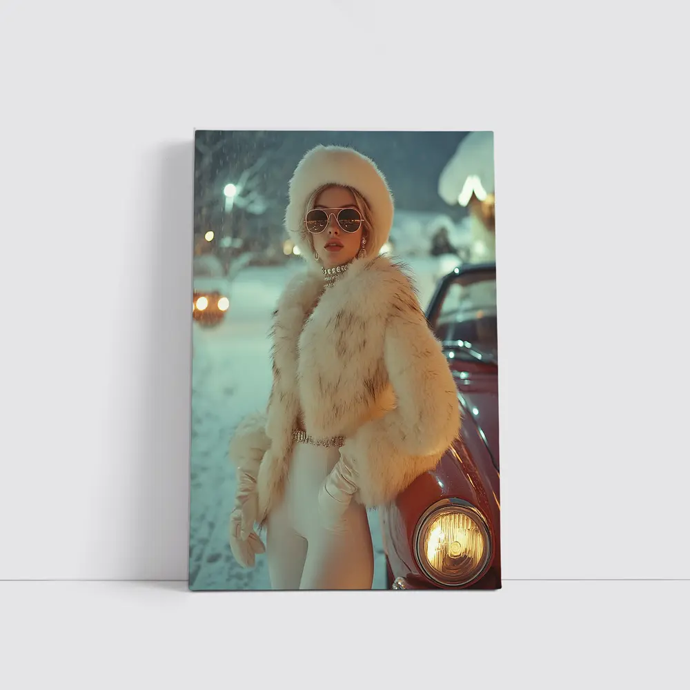 Glamorous Woman Fur Coat Snowy Winter Night – Wall Art