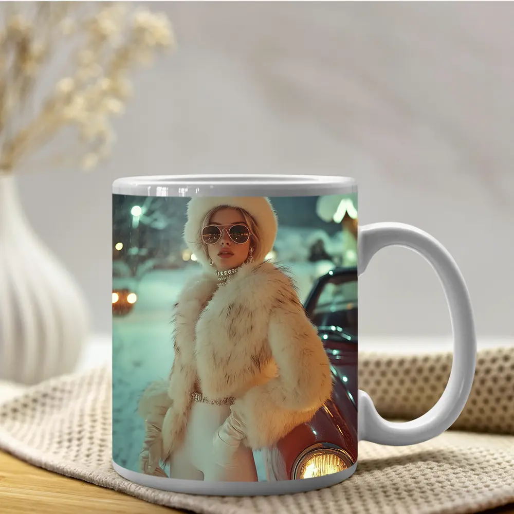 Glamorous Woman Fur Coat Snowy Winter Night – Mugs