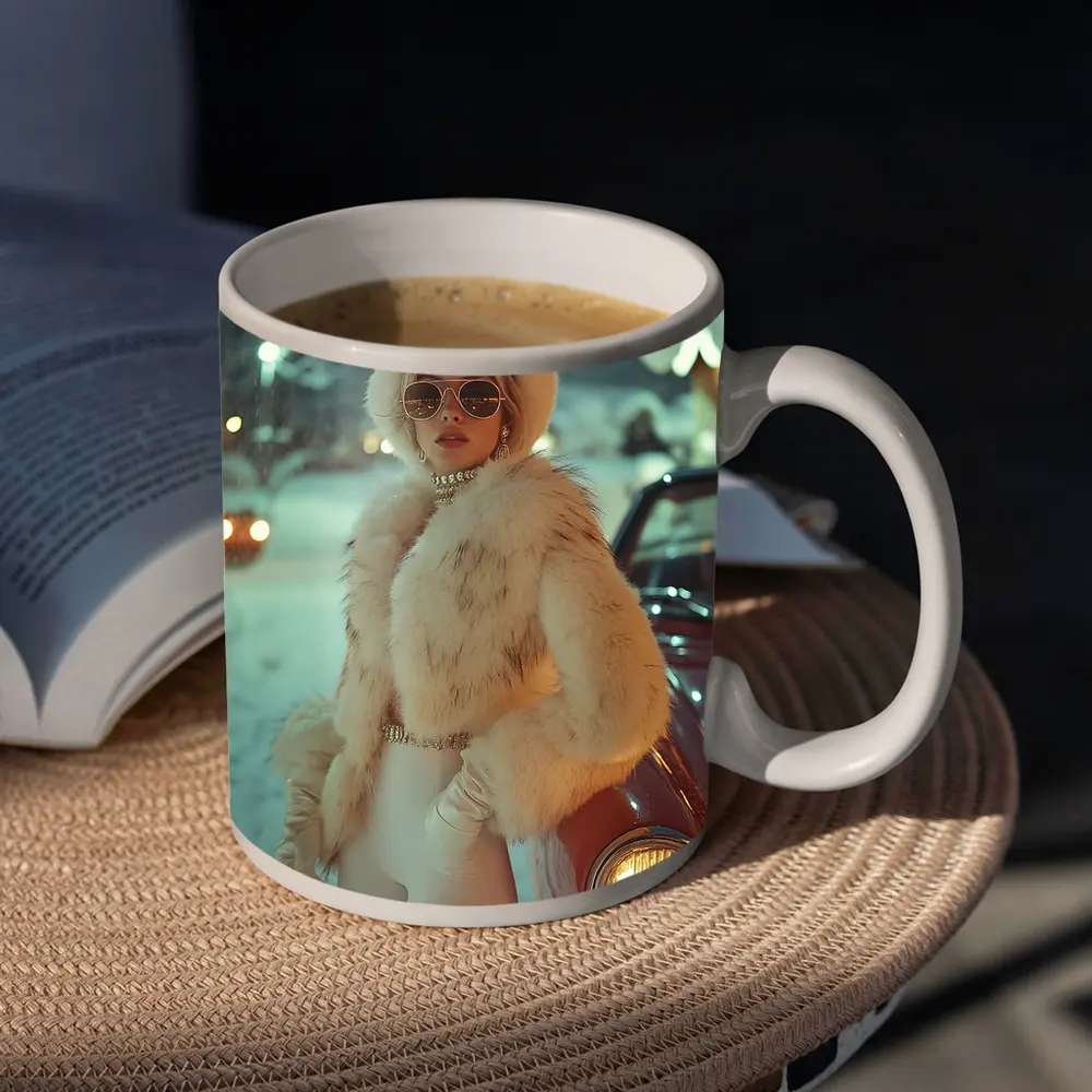 Glamorous Woman Fur Coat Snowy Winter Night – Mugs