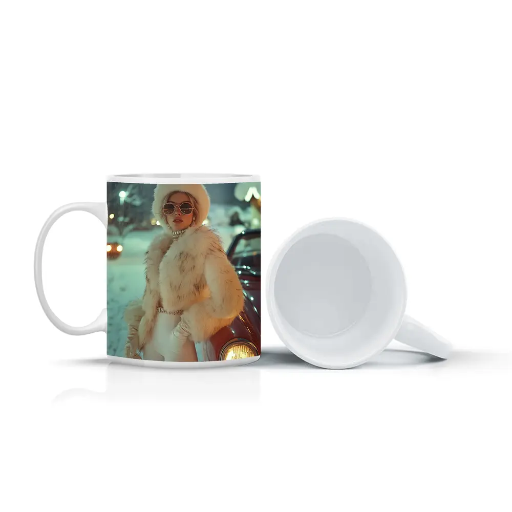 Glamorous Woman Fur Coat Snowy Winter Night – Mugs