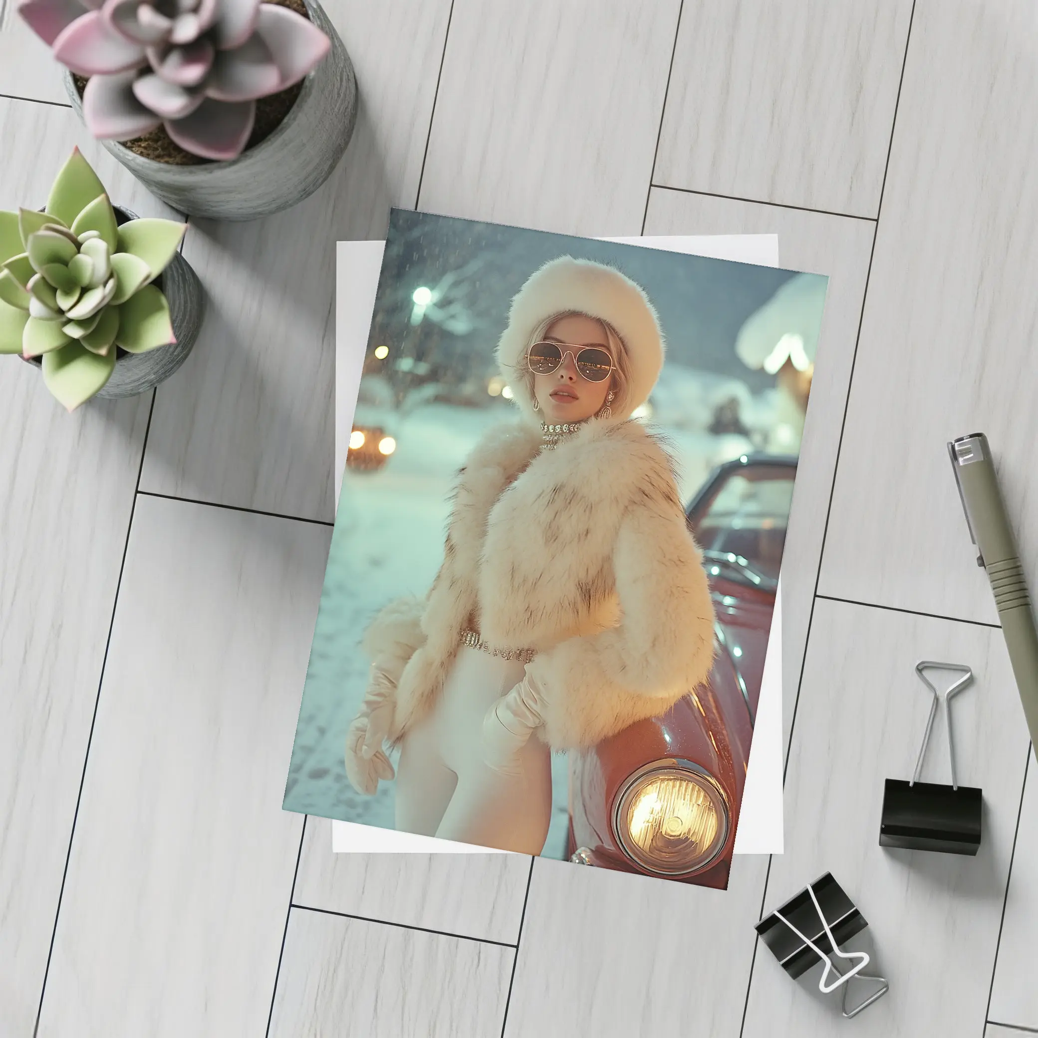 Glamorous Woman Fur Coat Snowy Winter Night – Postcards