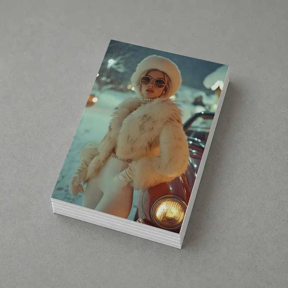 Glamorous Woman Fur Coat Snowy Winter Night – Postcards