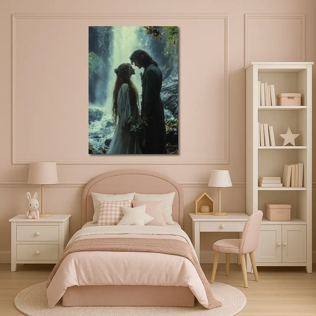 Fantasy Couple Embracing Near Misty Waterfall – Wall Art