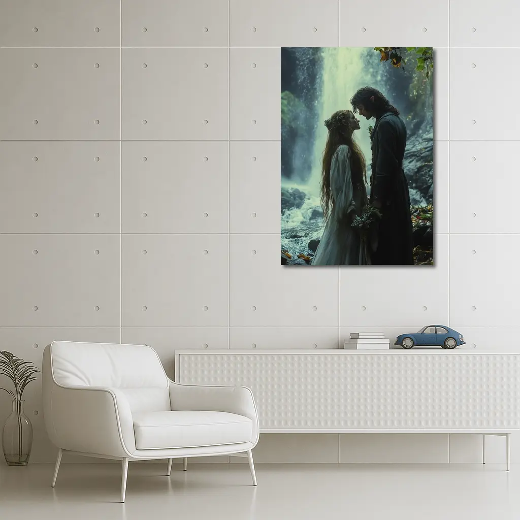 Fantasy Couple Embracing Near Misty Waterfall – Wall Art