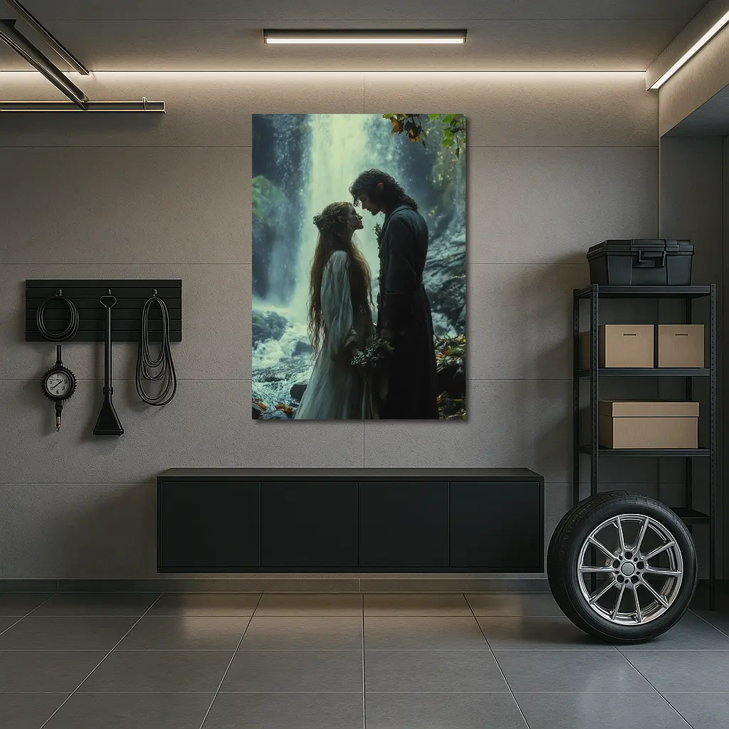 Fantasy Couple Embracing Near Misty Waterfall – Wall Art