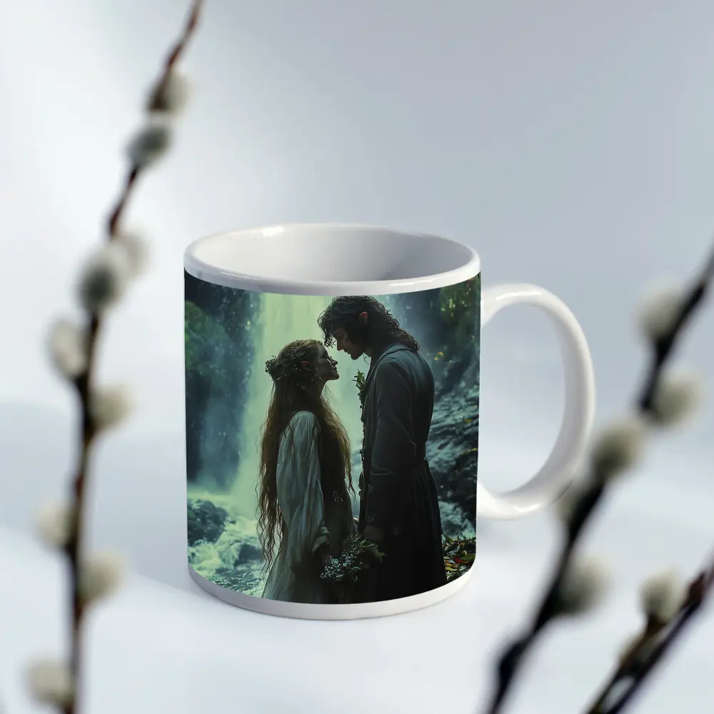 Fantasy Couple Embracing Near Misty Waterfall – Mugs