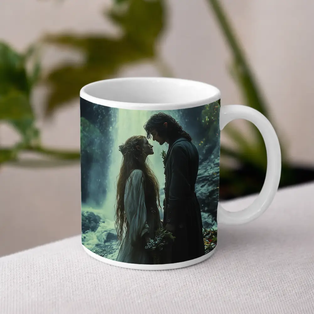 Fantasy Couple Embracing Near Misty Waterfall – Mugs