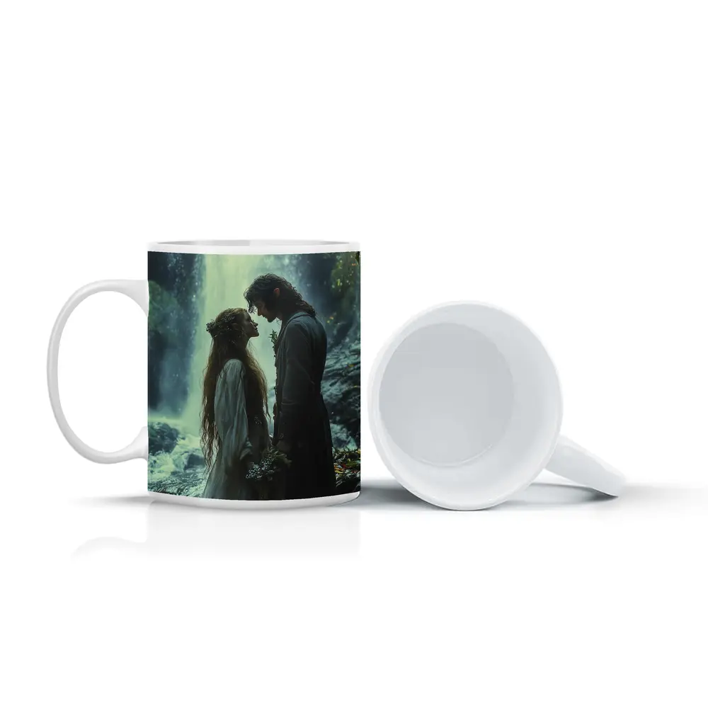 Fantasy Couple Embracing Near Misty Waterfall – Mugs