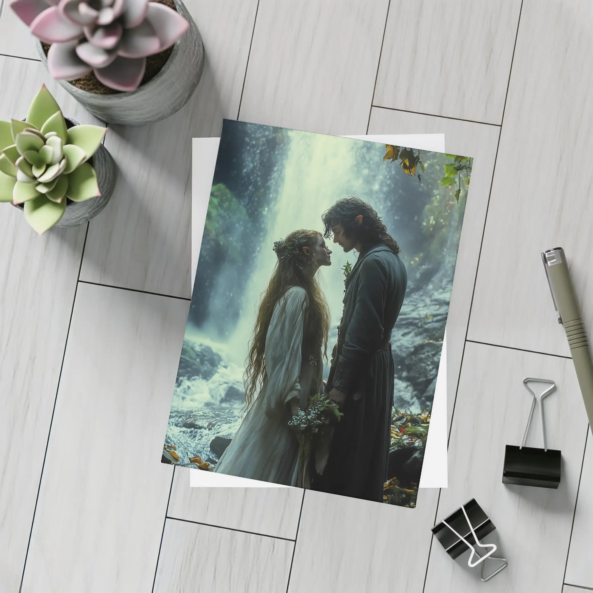 Fantasy Couple Embracing Near Misty Waterfall – Postcards