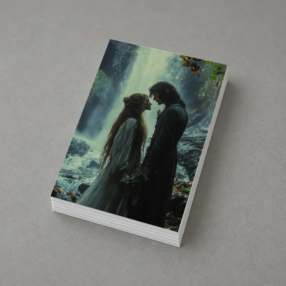 Fantasy Couple Embracing Near Misty Waterfall – Postcards