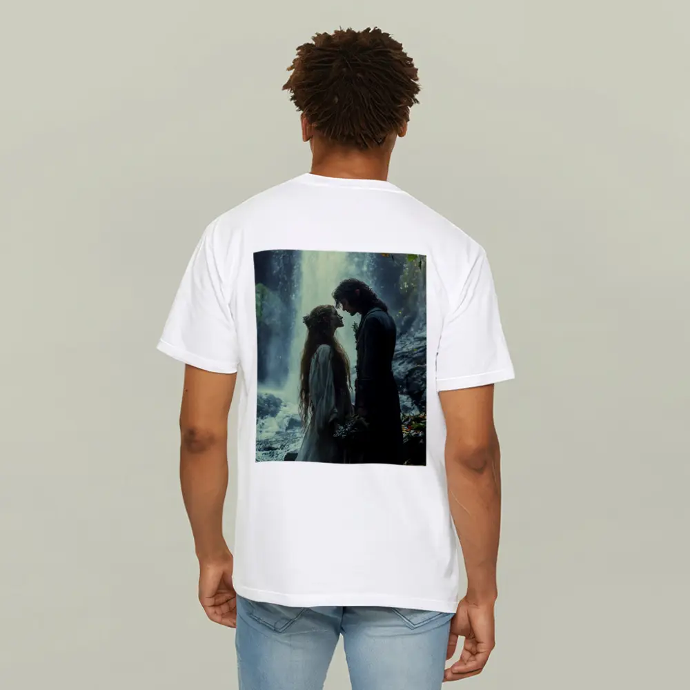 Fantasy Couple Embracing Near Misty Waterfall – T-Shirts