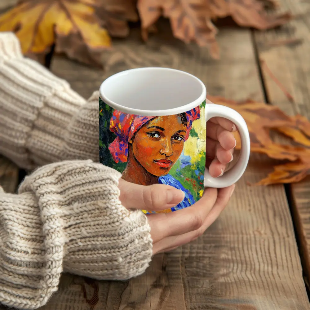 Impressionist Portrait Woman Colorful Head Wrap Garden – Mugs