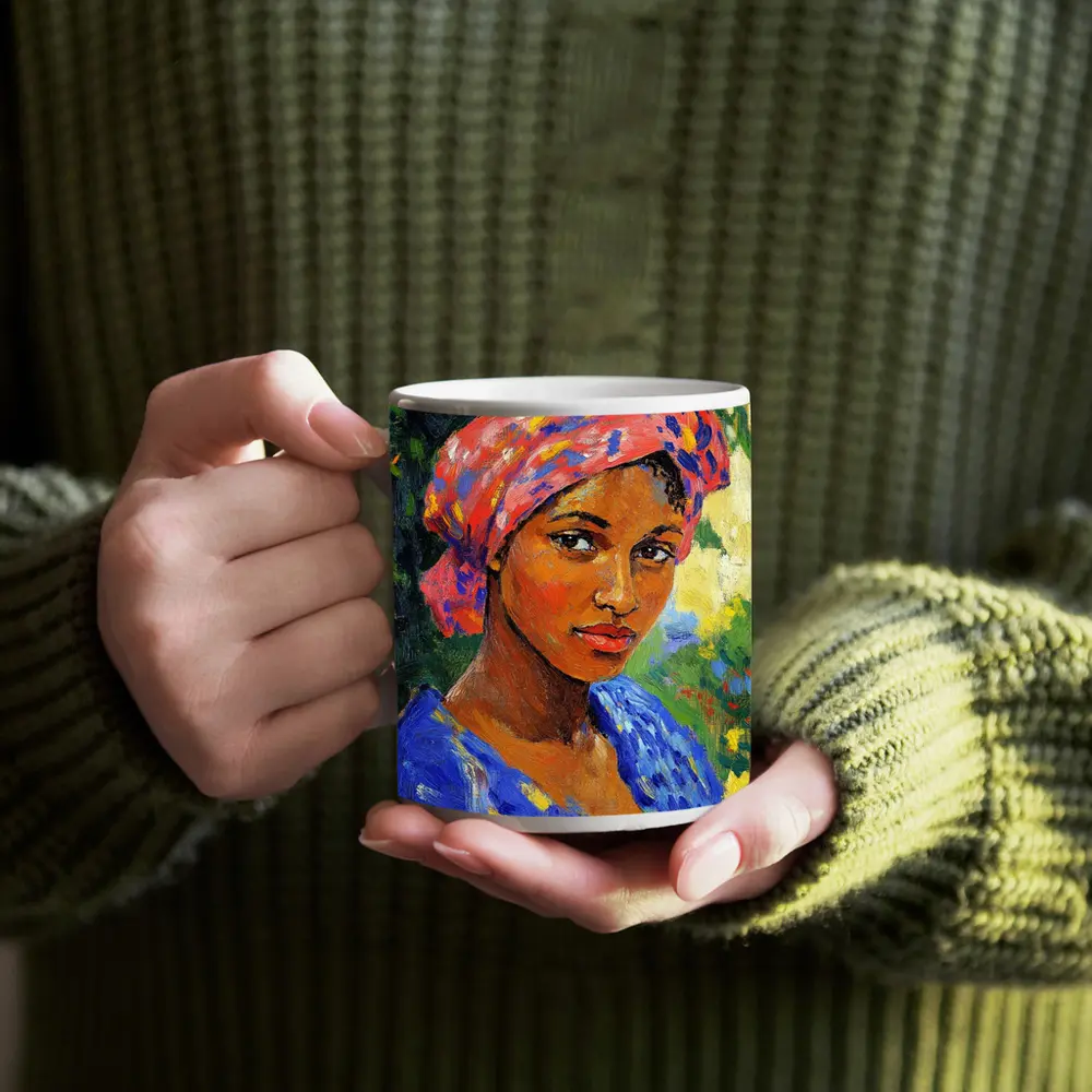 Impressionist Portrait Woman Colorful Head Wrap Garden – Mugs