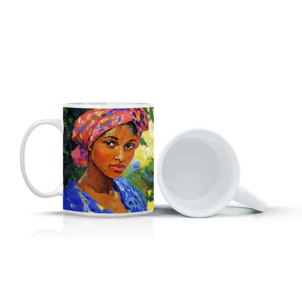Impressionist Portrait Woman Colorful Head Wrap Garden – Mugs