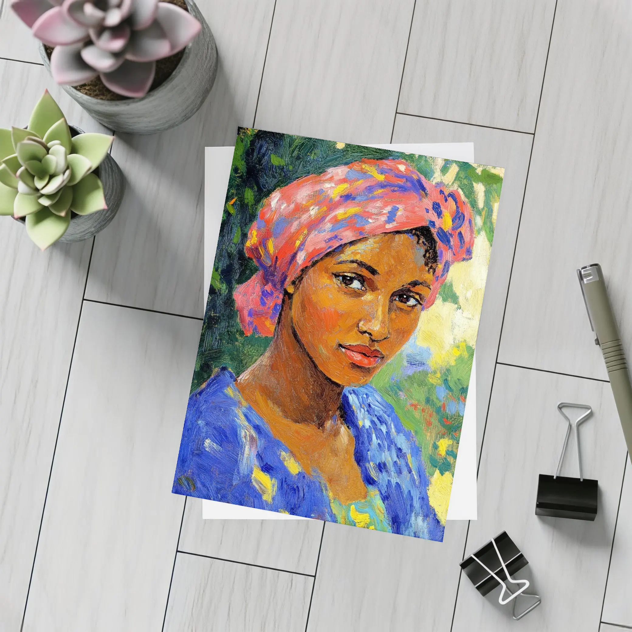 Impressionist Portrait Woman Colorful Head Wrap Garden – Postcards