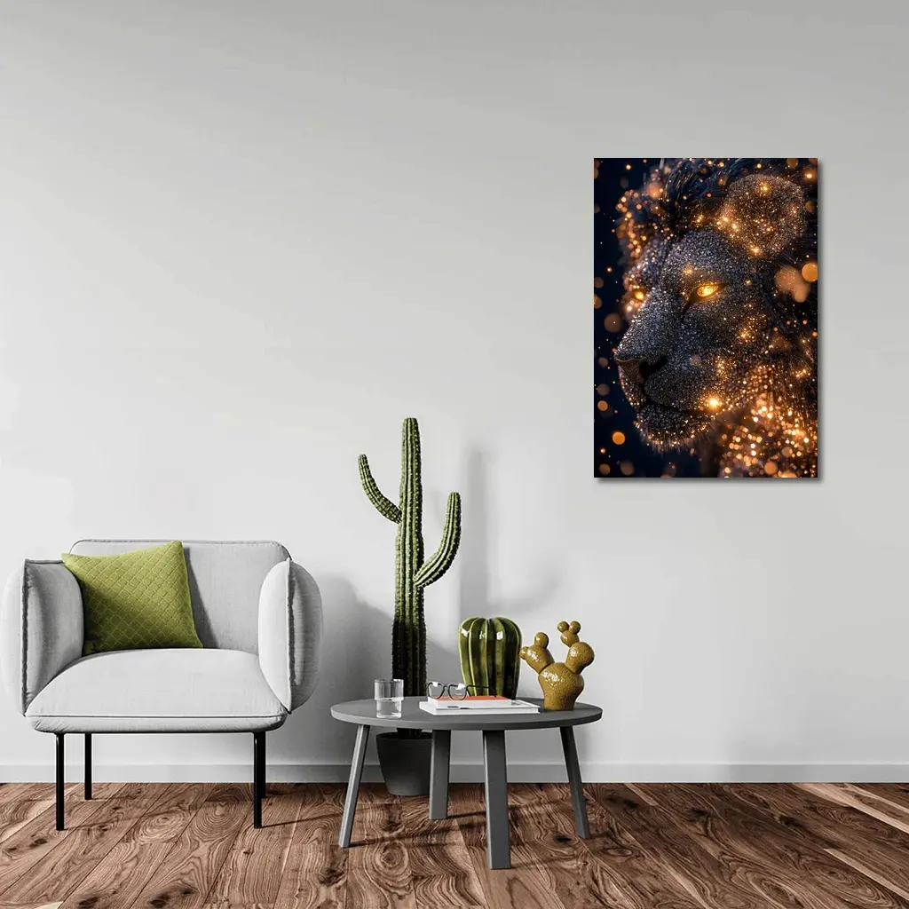 Golden Glowing Lion Head Dark Night Sky – Wall Art
