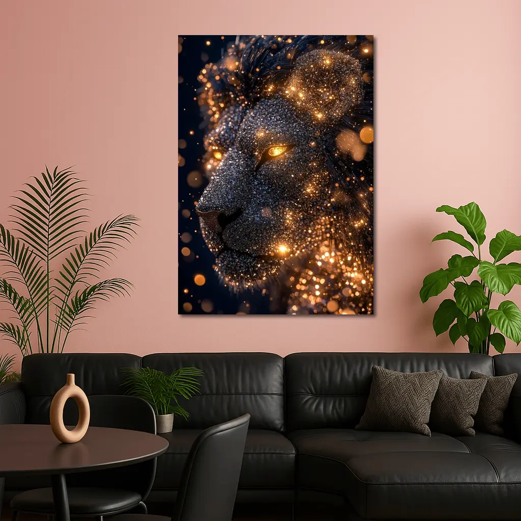 Golden Glowing Lion Head Dark Night Sky – Wall Art