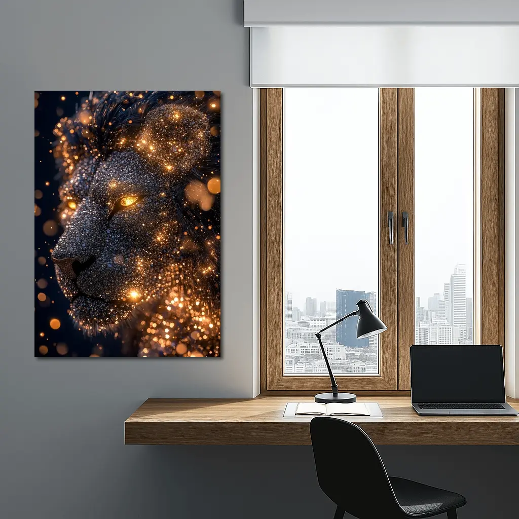 Golden Glowing Lion Head Dark Night Sky – Wall Art