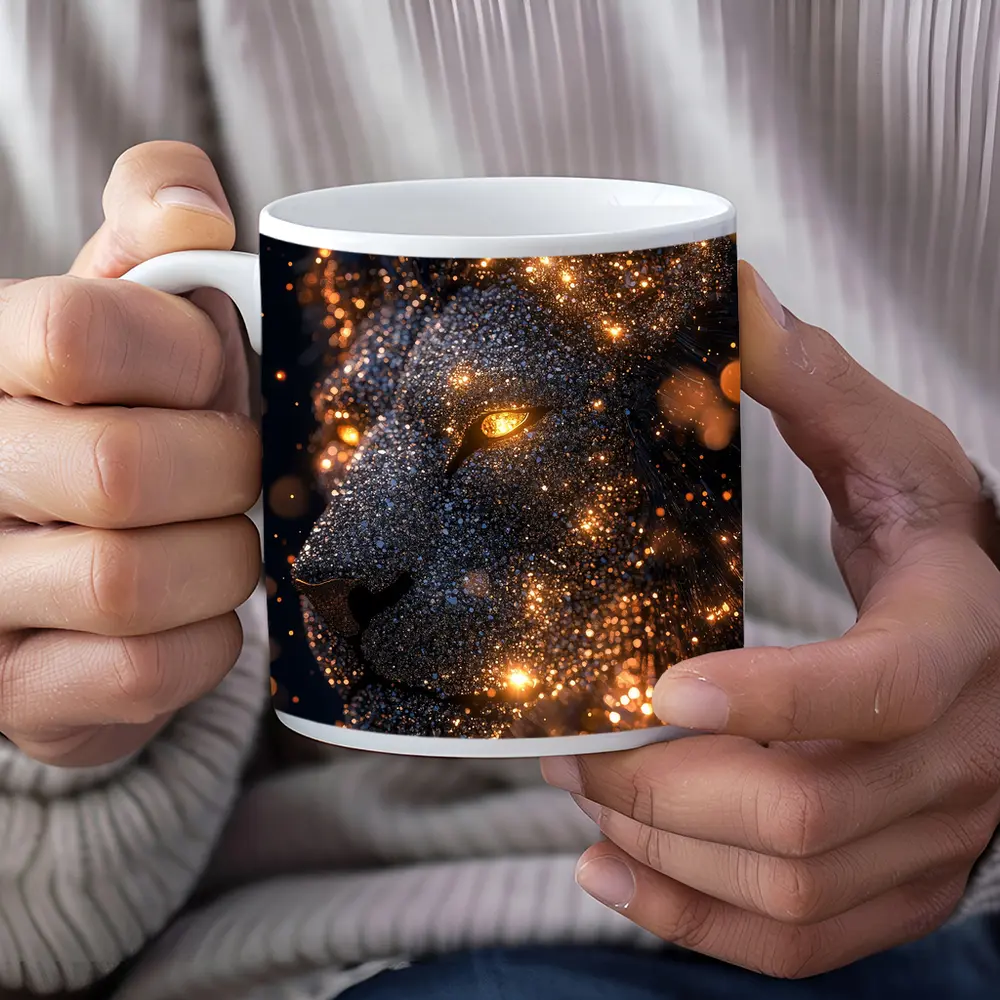 Golden Glowing Lion Head Dark Night Sky – Mugs